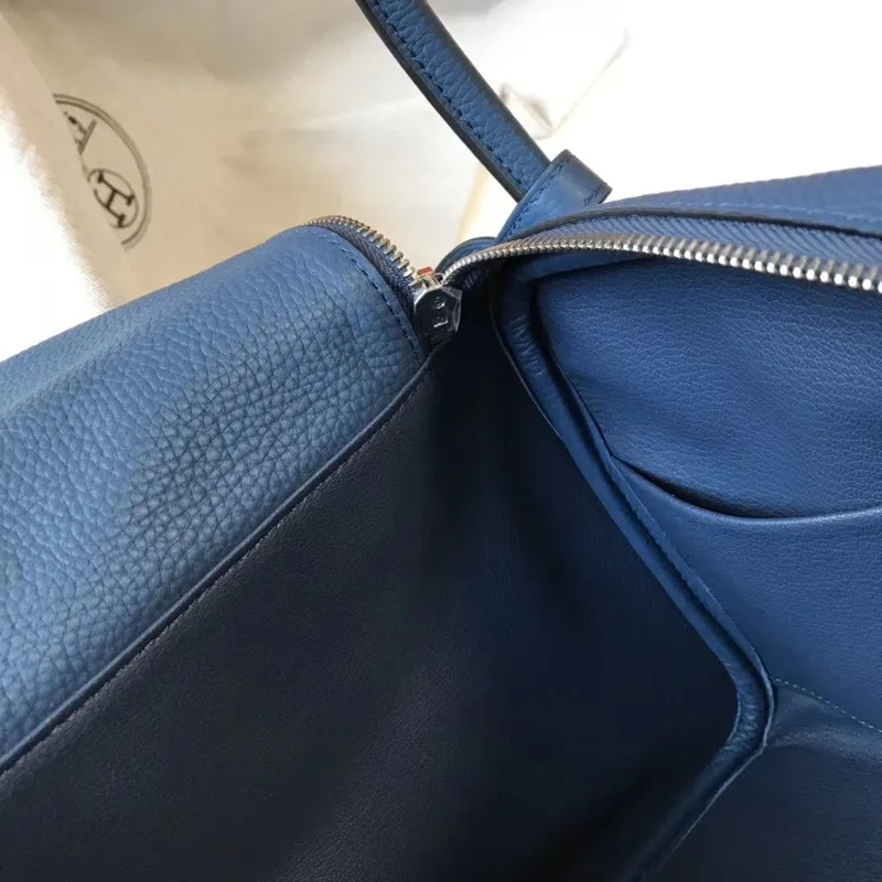 Hermes Lindy 30cm Taška v modré achátové kůži Clemence