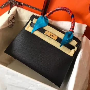 Hermès Černá Epsom Kelly 28cm Ručně vyráběná taška
