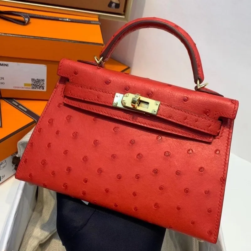 Hermes Červená Pštrosí Kelly Mini II Ručně Vyrobená Taška