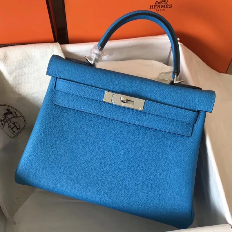 Hermes Blue Zanzibar Clemence Kelly 28cm Ručně vyráběná taška
