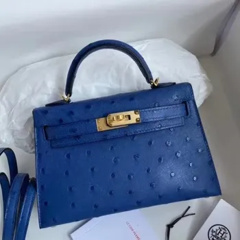 Hermes Blue Electric Pštrosí Kelly Mini II Ručně Vyrobená Taška