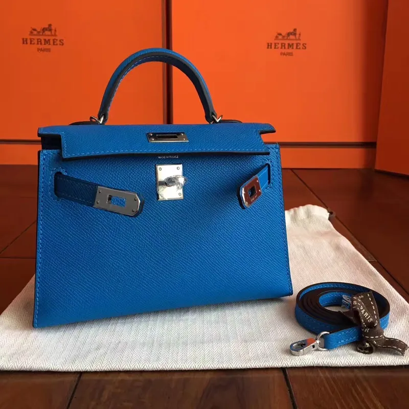 Hermes Blue Izmir Epsom Kelly Mini II Ručně vyráběná taška