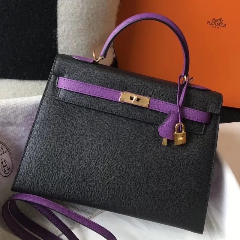 Hermes Bi color Kelly 32cm Epsom taška Černá/Fialová GHW