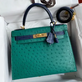 Hermes HSS Kelly 28 Bicolor Taška v barvě Vert Vertigo a modré Iris z pštrosí kůže