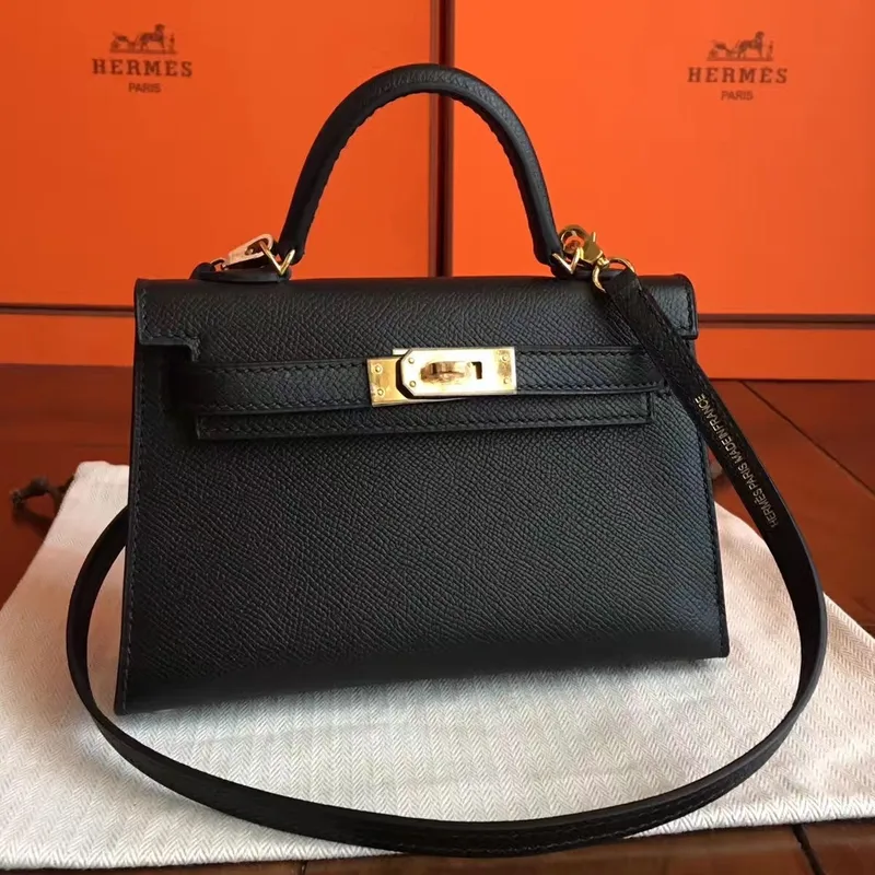 Hermes Black Epsom Kelly Mini II Ručně vyráběná taška