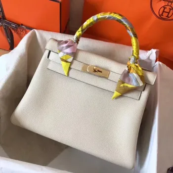 Hermes Bílá Clemence Kelly 28cm Ručně vyráběná taška