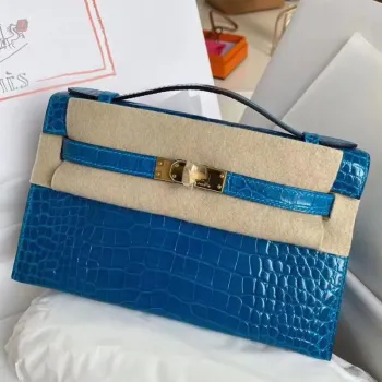 Hermes Blue Izmir Lesklá Krokodýlí Taška Kelly Pochette