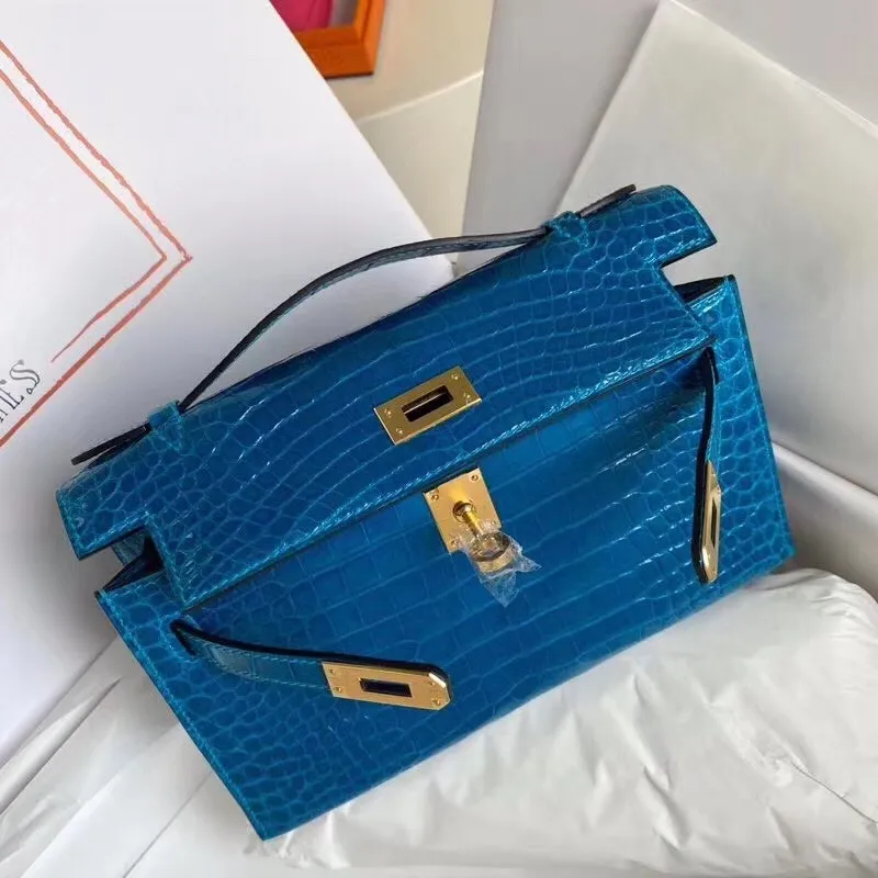 Hermes Blue Izmir Lesklá Krokodýlí Taška Kelly Pochette