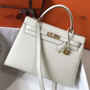 Hermès Bílá Epsom Kelly 32cm Sellier Taška