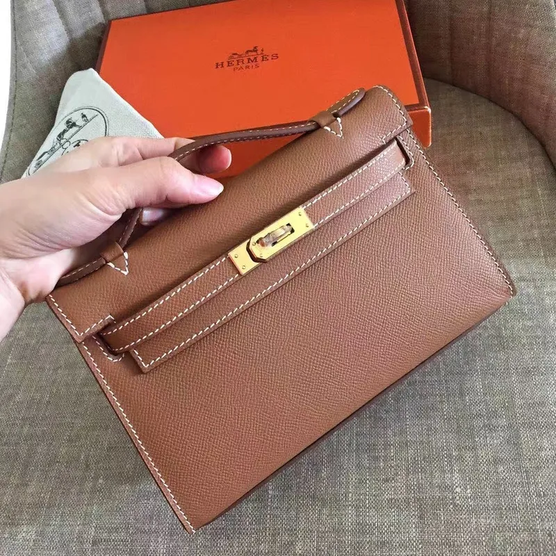 Hermes Brown Kelly Pochette Epsom Ručně vyráběná taška