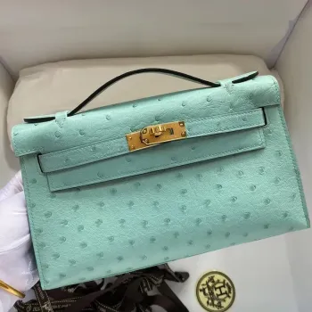 Hermes Aqua Kelly Pochette Pštrosí Ručně Vyrobená Taška
