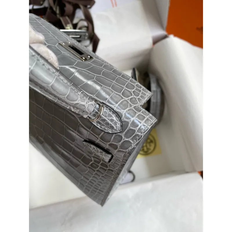 Kelly Mini II Sellier Ručně vyráběná taška v šedém cementu z lesklé aligátorové kůže
