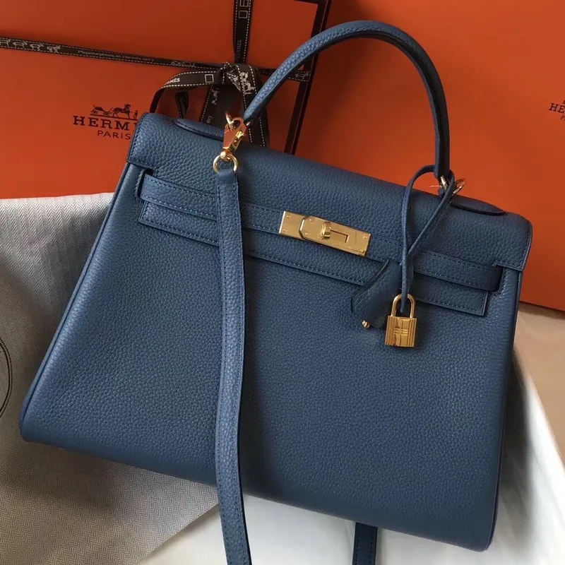 Hermes Blue Agate Clemence Kelly 32cm Retourne Taška