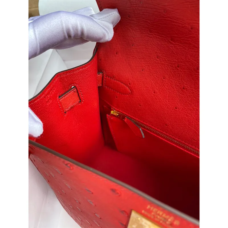 Kelly Sellier 28 Ručně vyrobená taška v červené pštrosí kůži