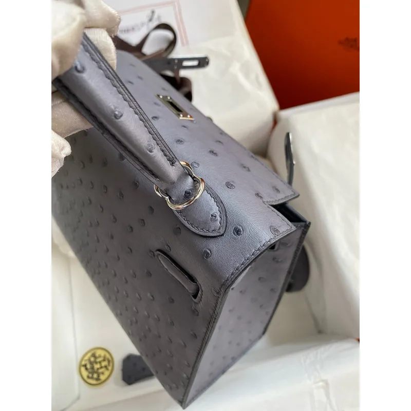 Kelly Sellier 25 Ručně vyráběná taška v kůži pštrosa Gris Agate