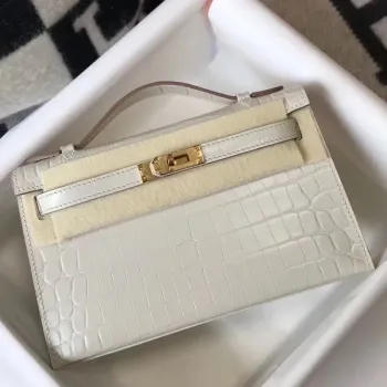 Kelly Pochette taška v bílé embosované krokodýlí kůži