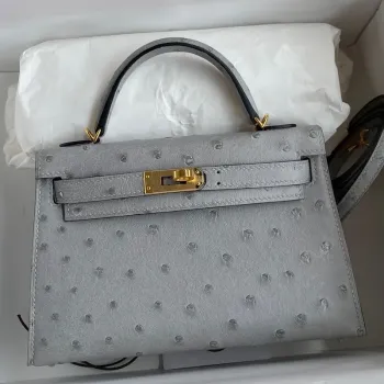 Kelly Mini II Sellier Ručně vyráběná taška v modré ledovcové pštrosí kůži