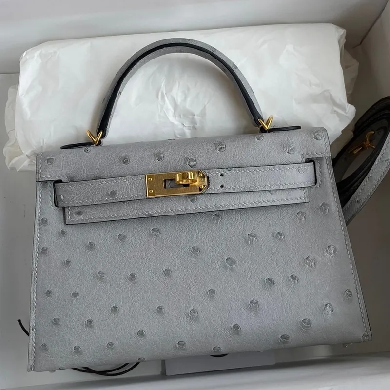 Kelly Mini II Sellier Ručně vyráběná taška v modré ledovcové pštrosí kůži