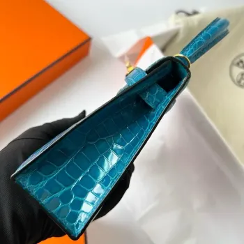 Kelly Mini II Sellier Ručně Vyrobená Taška v Modré Izmir Lesklé Kůži Aligátora