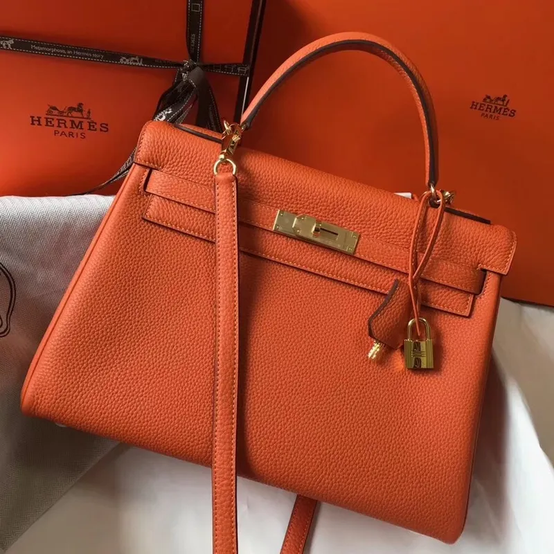 Hermès Orange Clemence Kelly 32cm Retourne Taška