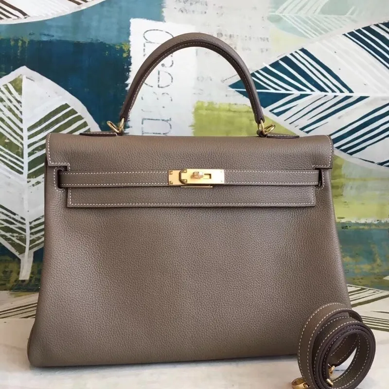 Hermes Taupe Clemence Kelly 35cm Ručně vyráběná taška