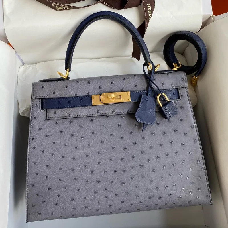 Hermes HSS Kelly 28 Bicolor Taška v Gris Agate a Blue Iris pštrosí kůži