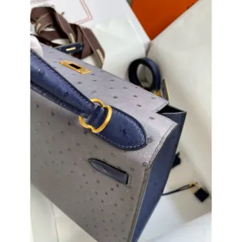 Hermes HSS Kelly 28 Bicolor Taška v Gris Agate a Blue Iris pštrosí kůži