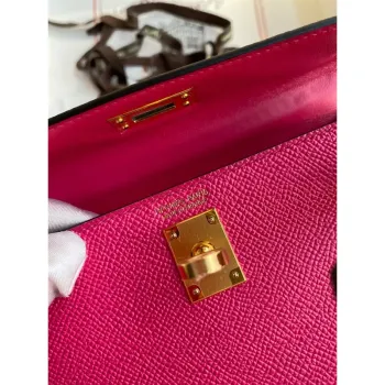 Kelly Mini II Sellier Ručně vyráběná taška v růžové červené barvě z telecí kůže Epsom