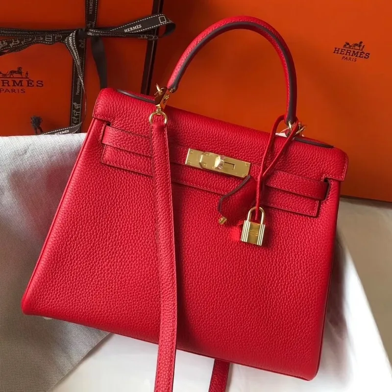 Hermès červená kůže Clemence Kelly 28cm taška