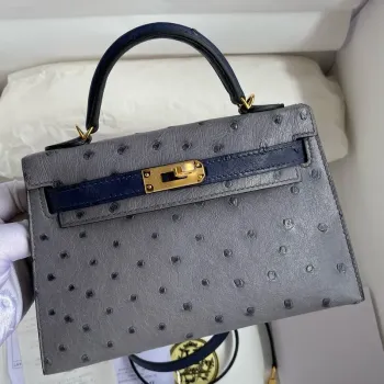 Hermes HSS Kelly Mini II Sellier Ručně vyráběná taška v barvě Gris Agate a modré iris pštrosí kůže