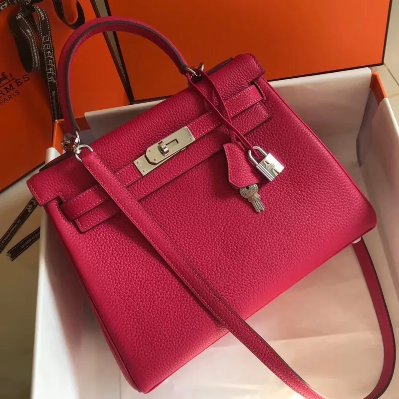 Hermes Rose Red Clemence Kelly 28cm Taška