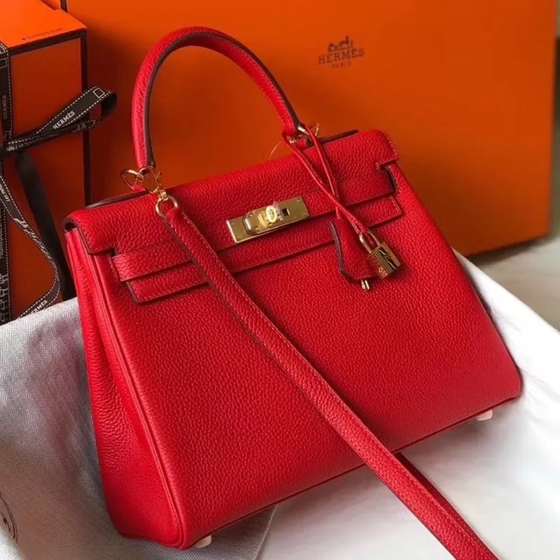 Hermès červená kůže Clemence Kelly 25 cm GHW taška