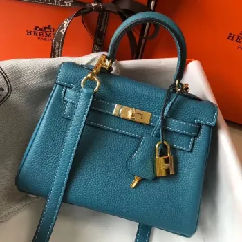 Hermes Mini Kelly 20cm Taška v modré džínové kůži Clemence