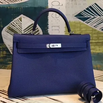 Hermes Blue Clemence Kelly 35cm Ručně vyráběná taška