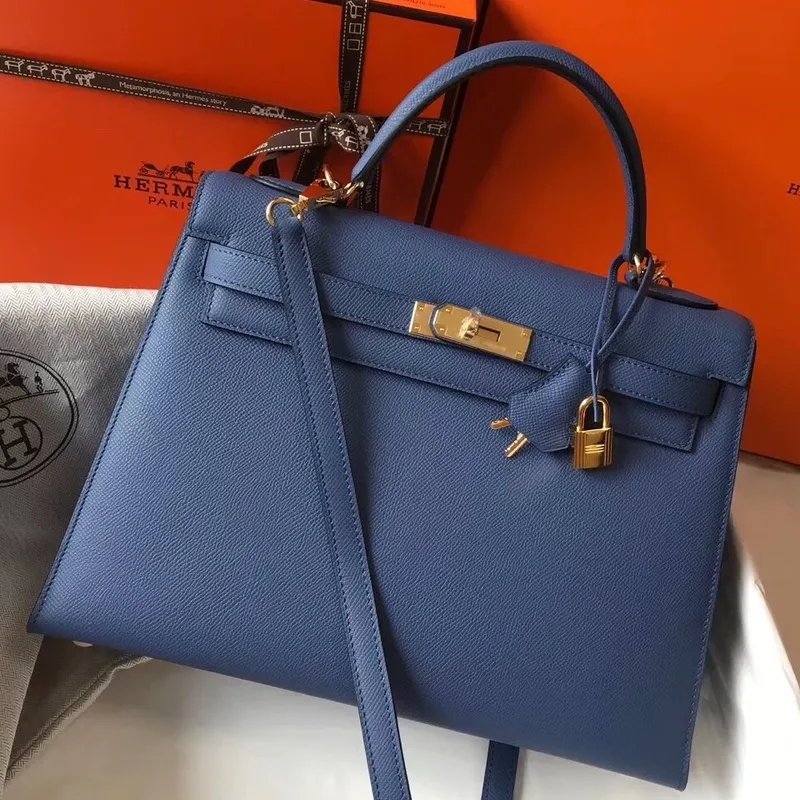 Hermes Modrý Achát Epsom Kelly 32cm Sellier Taška