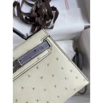 Hermes HSS Kelly Mini II Sellier Ručně vyráběná taška v betonu a šedém achátu z pštrosí kůže