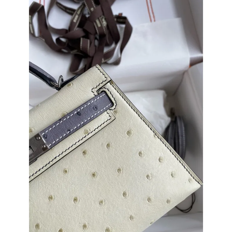 Hermes HSS Kelly Mini II Sellier Ručně vyráběná taška v betonu a šedém achátu z pštrosí kůže