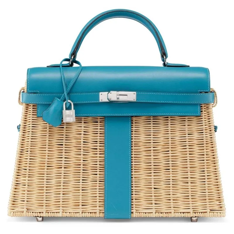 Hermes Blue Picnic Kelly 35cm Košíková Taška