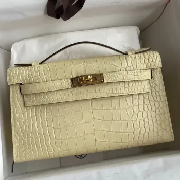 Kelly Pochette Ručně Vyrobená Taška V Matném Alligator Kůži Vanille
