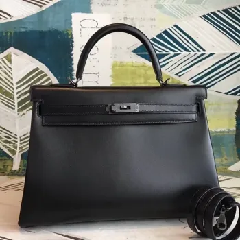 Hermes All Black Box Kelly 35cm Ručně vyráběná taška