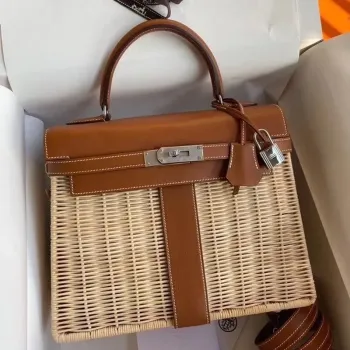 Hermes Brown Pikniková Kelly 28cm Košíková Taška