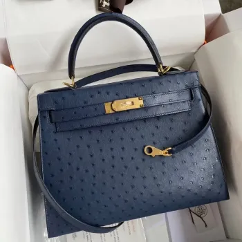 Hermes Blue Iris Pštrosí Kelly 28cm Ručně vyráběná taška
