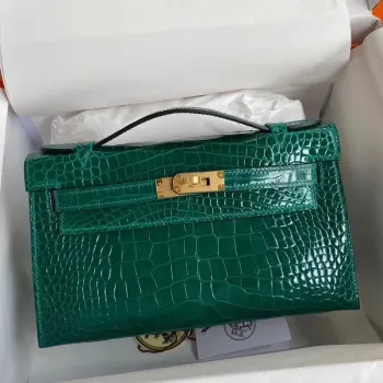 Hermes Zelená Lesklá Krokodýlí Kelly Pochette Taška