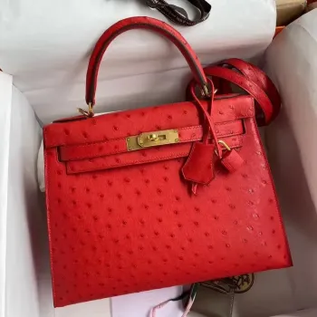 Hermes Červená Pštrosí Kelly 28cm Ručně Vyrobená Taška