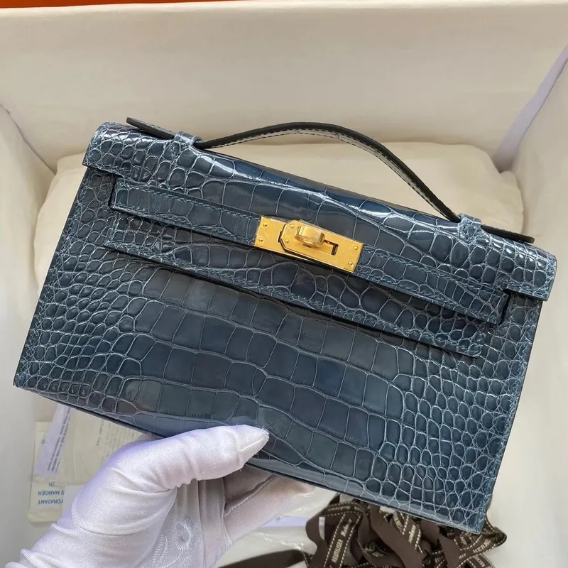 Hermes Modrá Lesklá Krokodýlí Kelly Pochette Taška