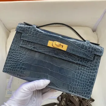 Hermes Modrá Lesklá Krokodýlí Kelly Pochette Taška