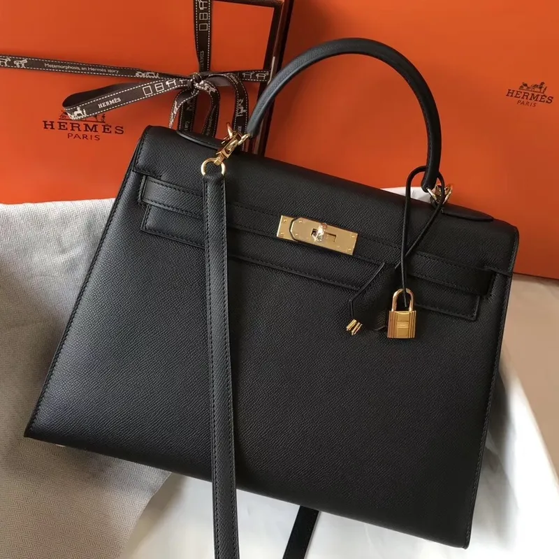 Hermès Černá Epsom Kelly 32cm Sellier Taška