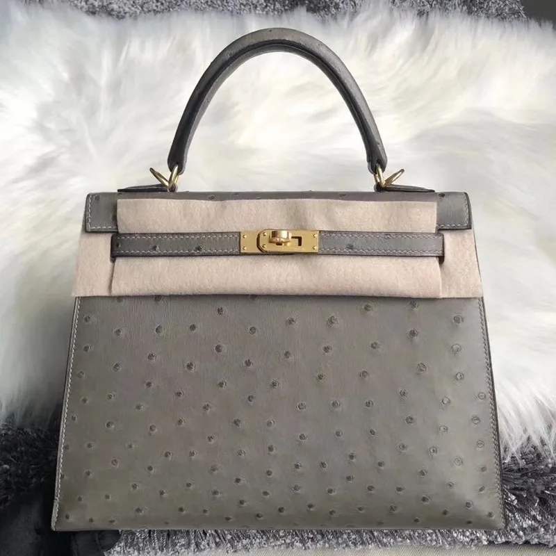 Hermes Gris Asphalt Pštrosí Kelly 25cm Ručně vyráběná taška