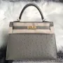 Hermes Gris Asphalt Pštrosí Kelly 25cm Ručně vyráběná taška
