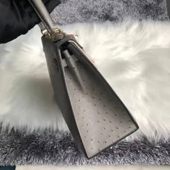 Hermes Gris Asphalt Pštrosí Kelly 25cm Ručně vyráběná taška
